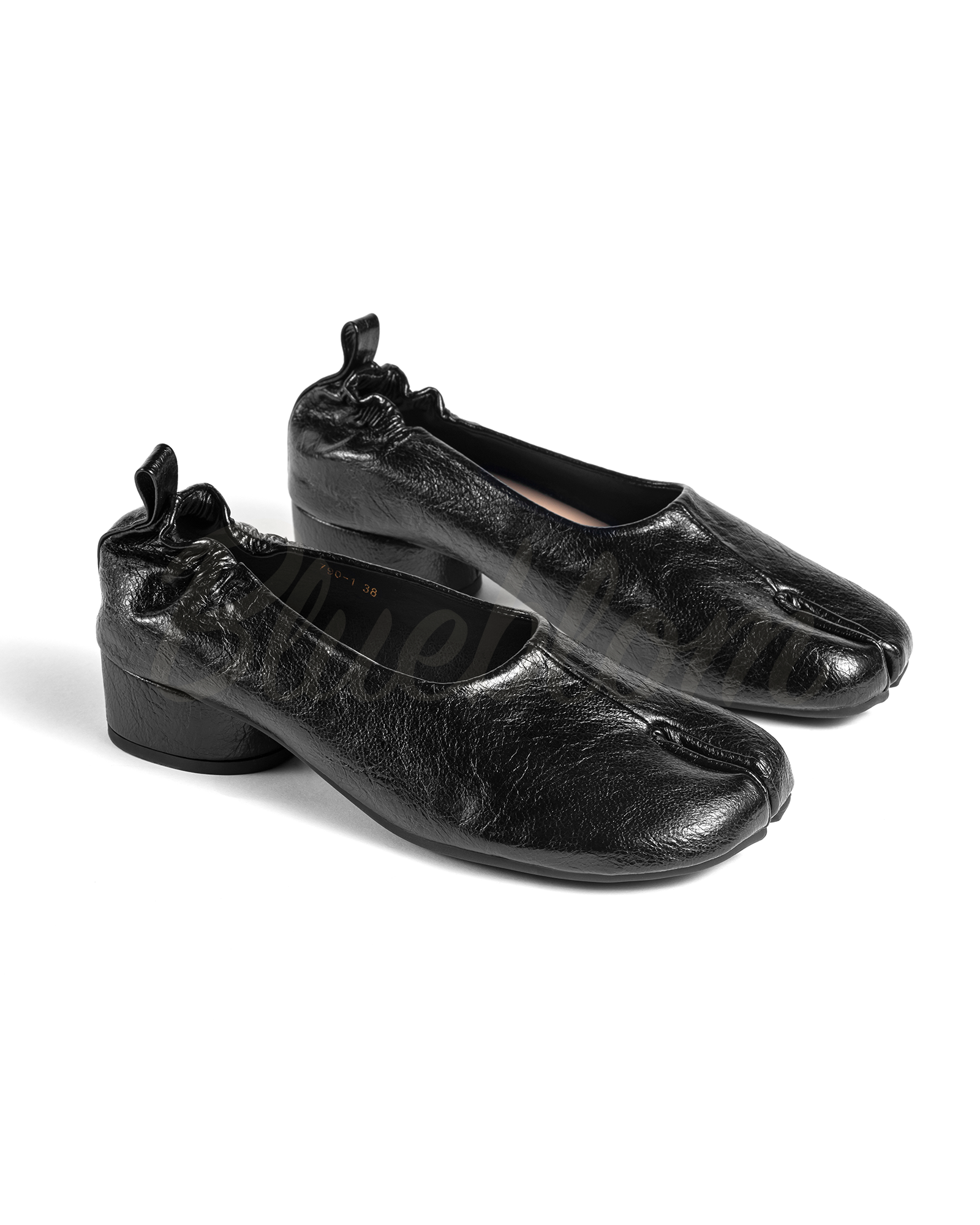 Black Thick Heeled Pleated  Tabi Shoes