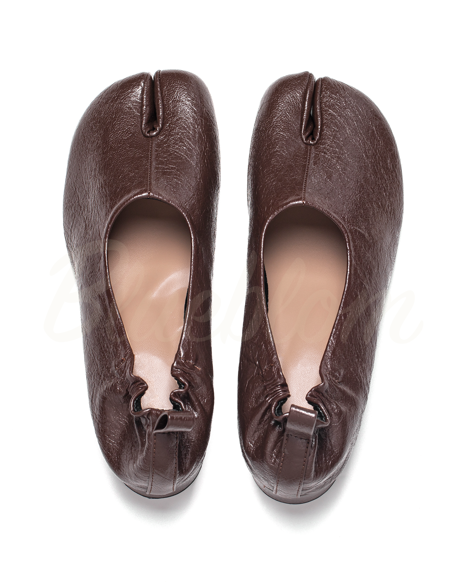 Brown Thick Heeled Pleated Tabi Shoes