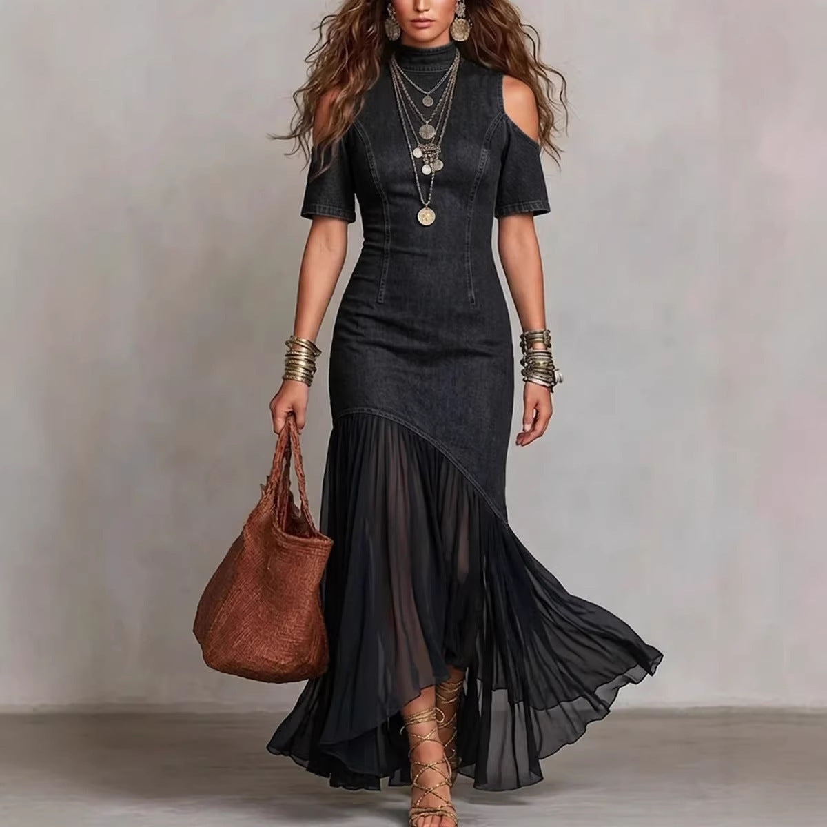 Denim Halter Lace-Up Maxi western Dress
