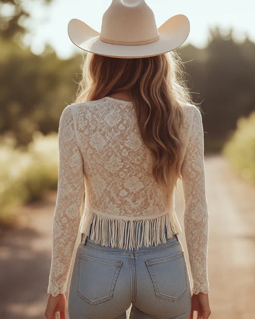 White Lace Fringe V Neck Blouse Western Top