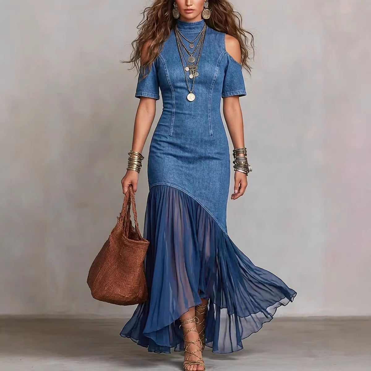 Denim Halter Lace-Up Maxi western Dress