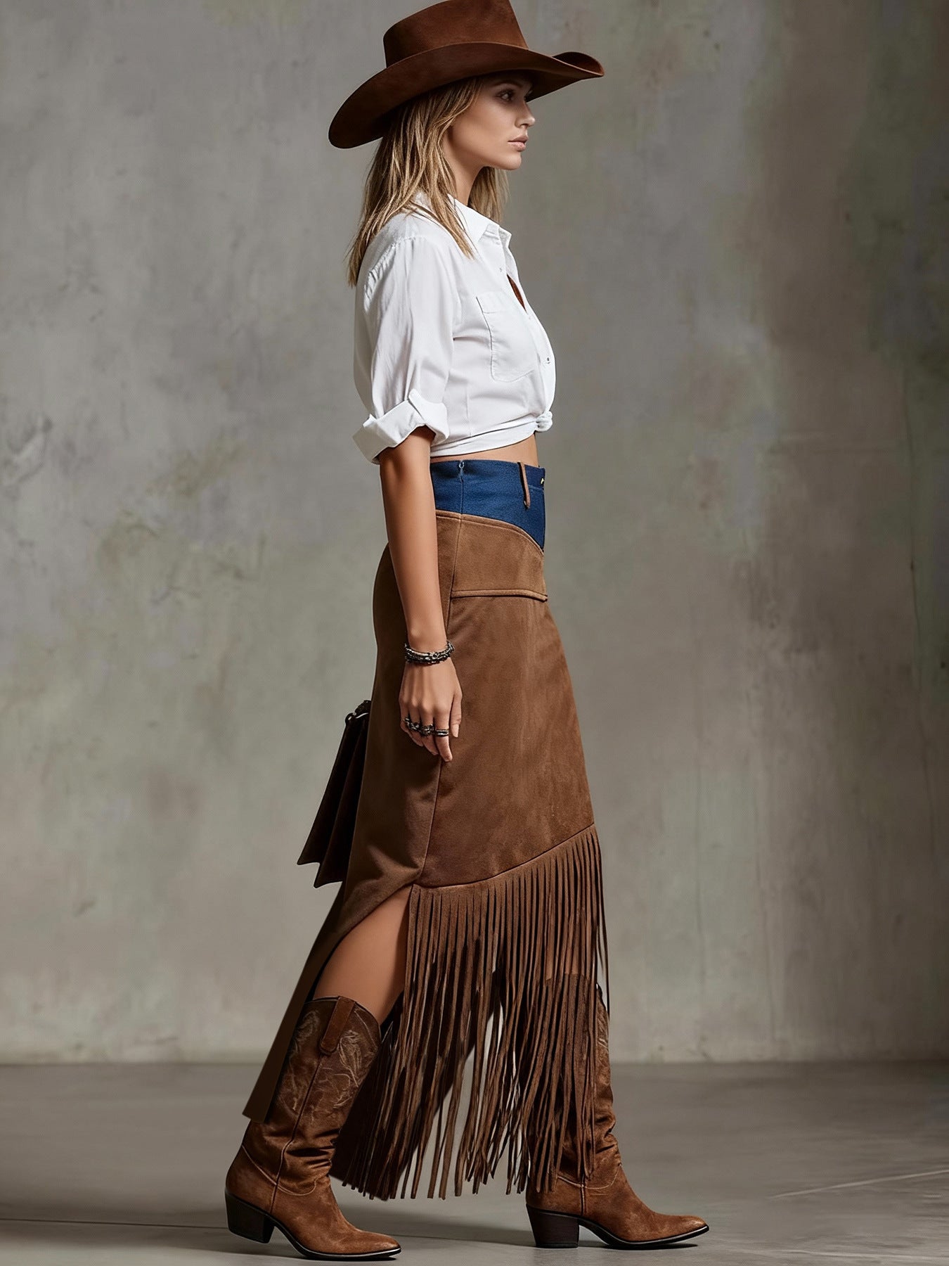 Brown Mixed Texture Fringe Maxi Western Skirt