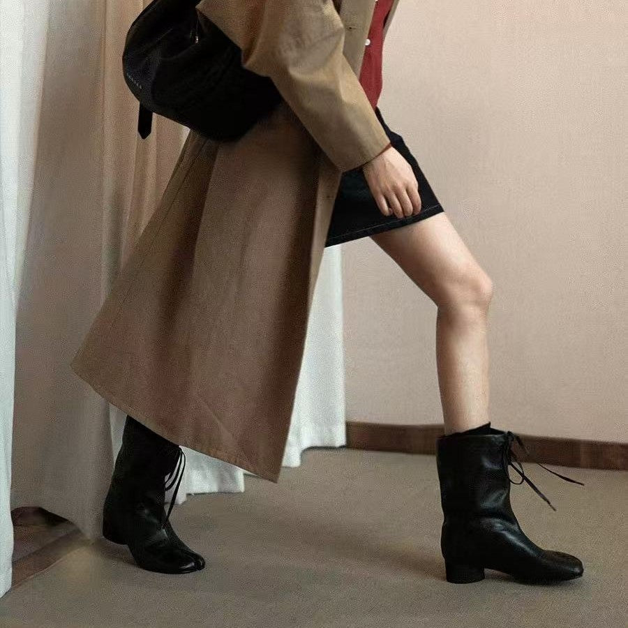 Mid-Calf Tabi High Heel Lace-Up Tabi Boots