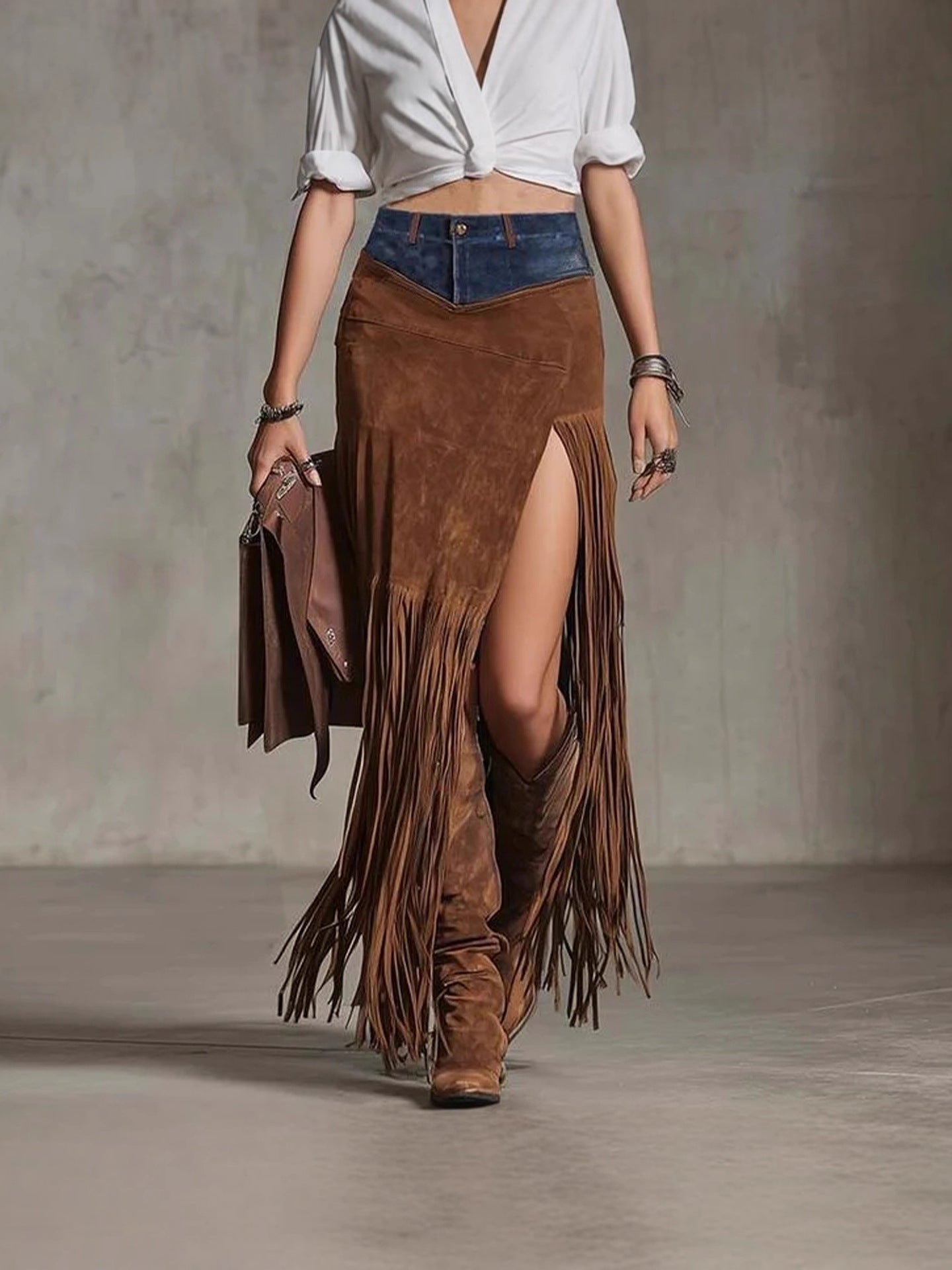 Brown Mixed Texture Fringe Maxi Western Skirt
