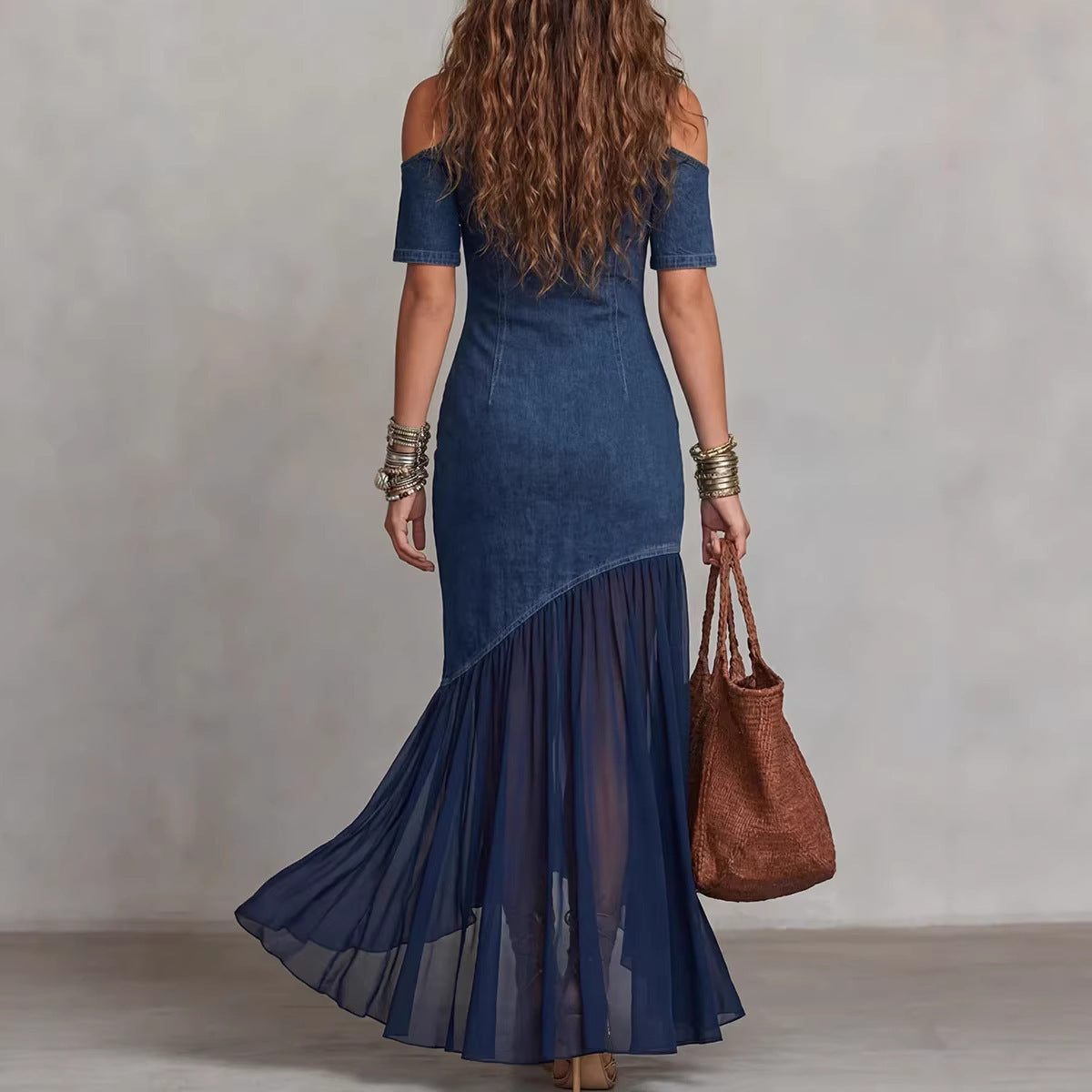 Denim Halter Lace-Up Maxi western Dress