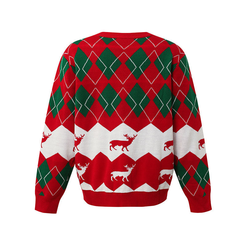 Red Argyle Reindeer Christmas Sweater