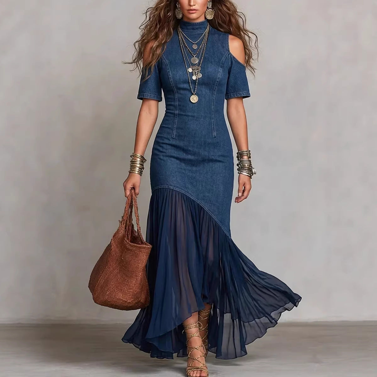 Denim Halter Lace-Up Maxi western Dress