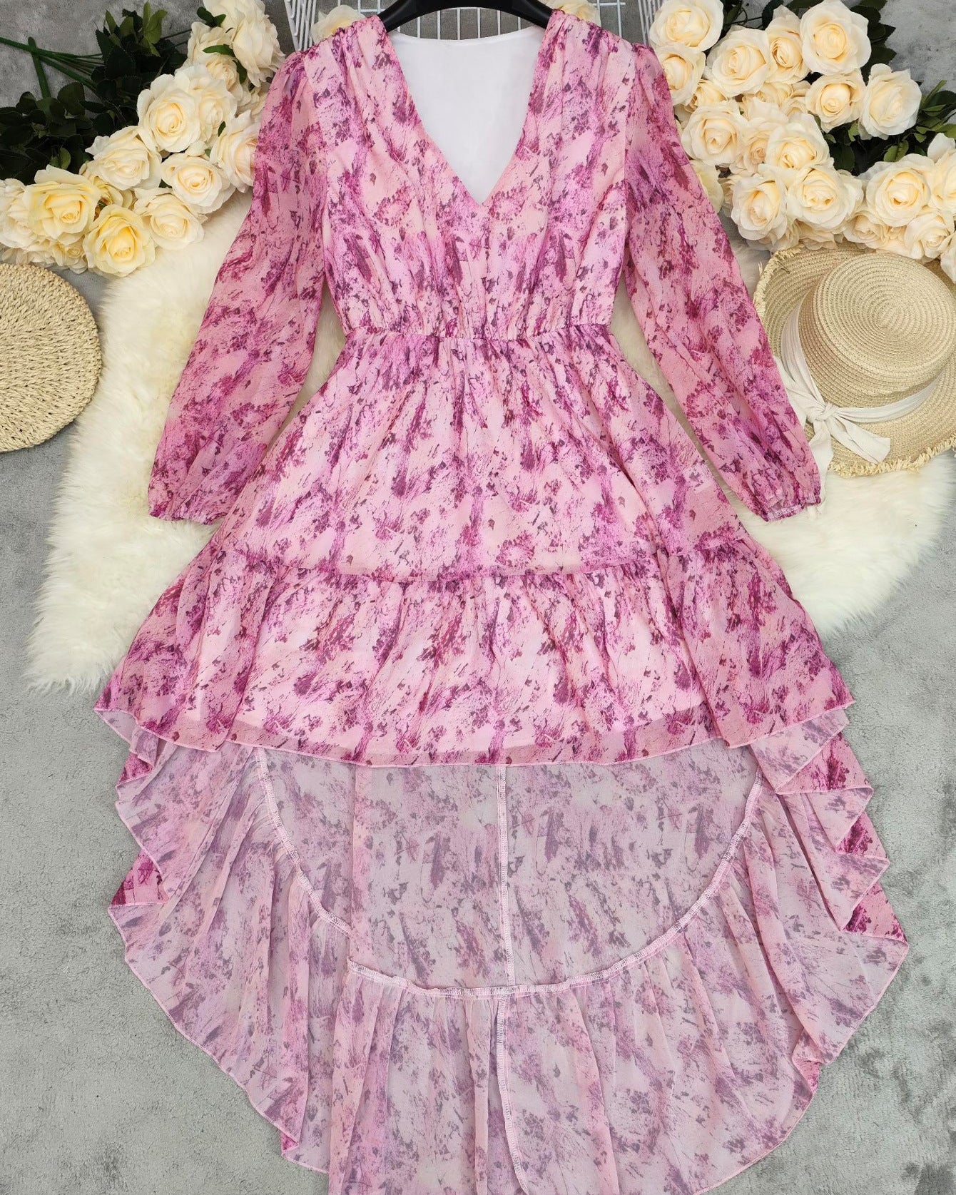 Boho Irregular Hem Printed Long Sleeve western Dress