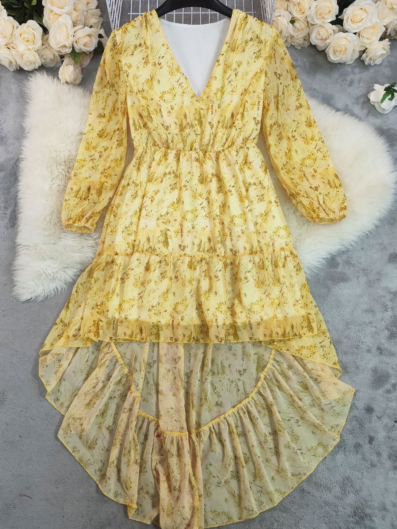 Boho Irregular Hem Printed Long Sleeve western Dress