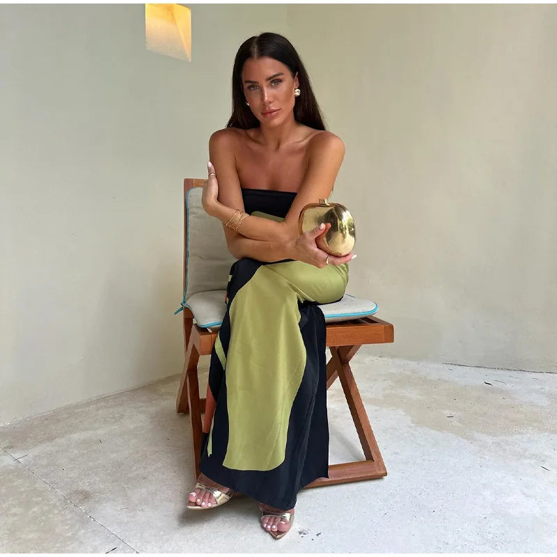 Long green printed strapless Boho dress