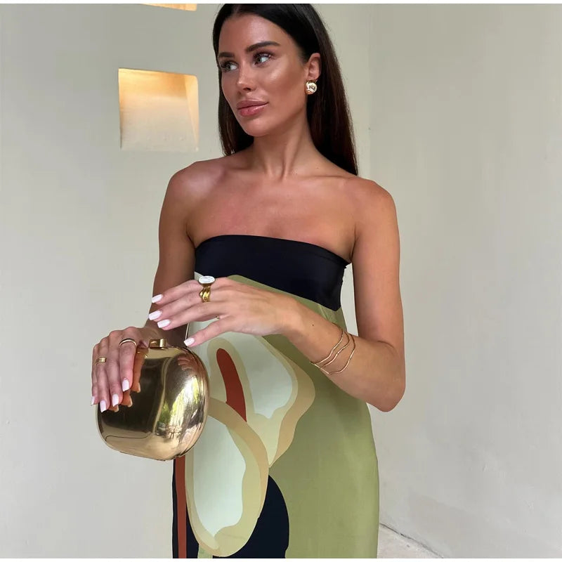 Long green printed strapless Boho dress