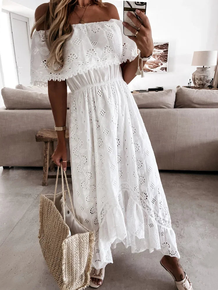 Chic lace dress with off-the-shoulder Bardot Boho Dress