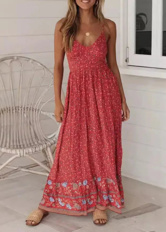 Red Floral bohemian Long boho dress