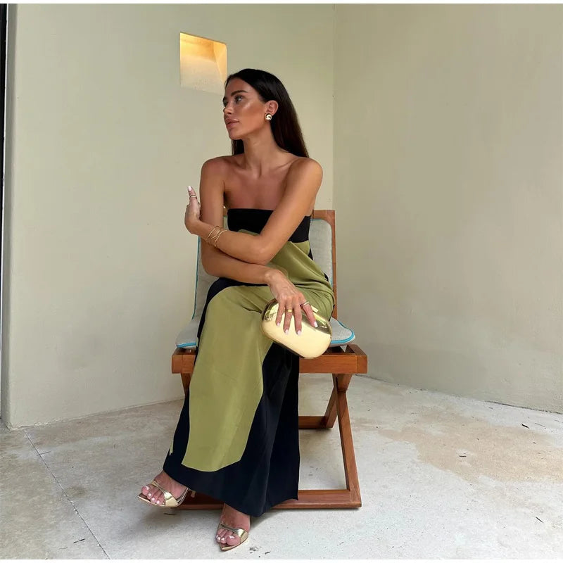 Long green printed strapless Boho dress