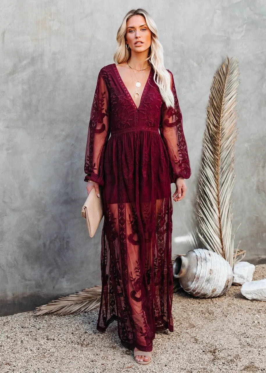 Long red bohemian lace Boho dress