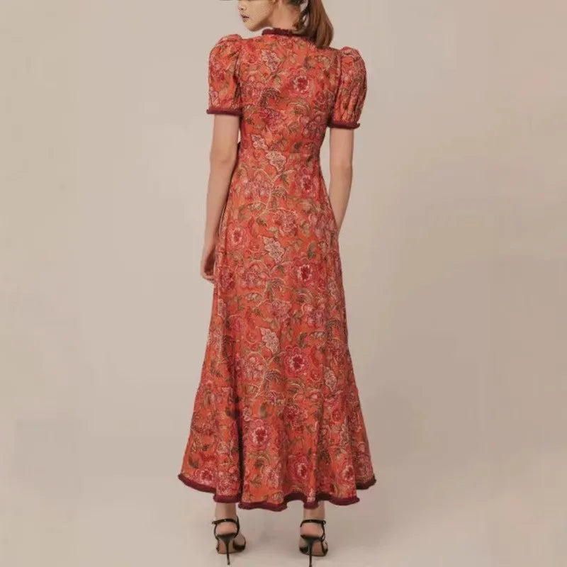 Long Retro Dress with Floral Print Boho Dress