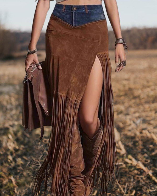 Brown Mixed Texture Fringe Maxi Western Skirt