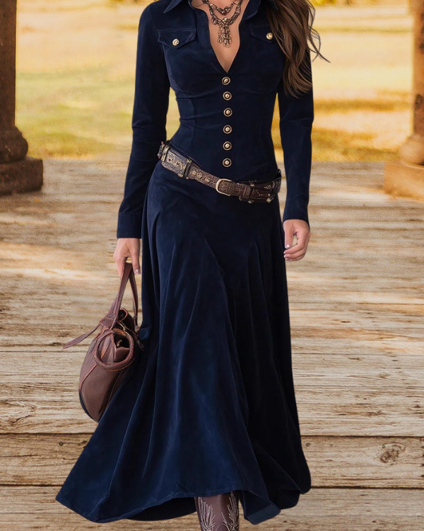 Navy Long Sleeve Maxi Western Dress