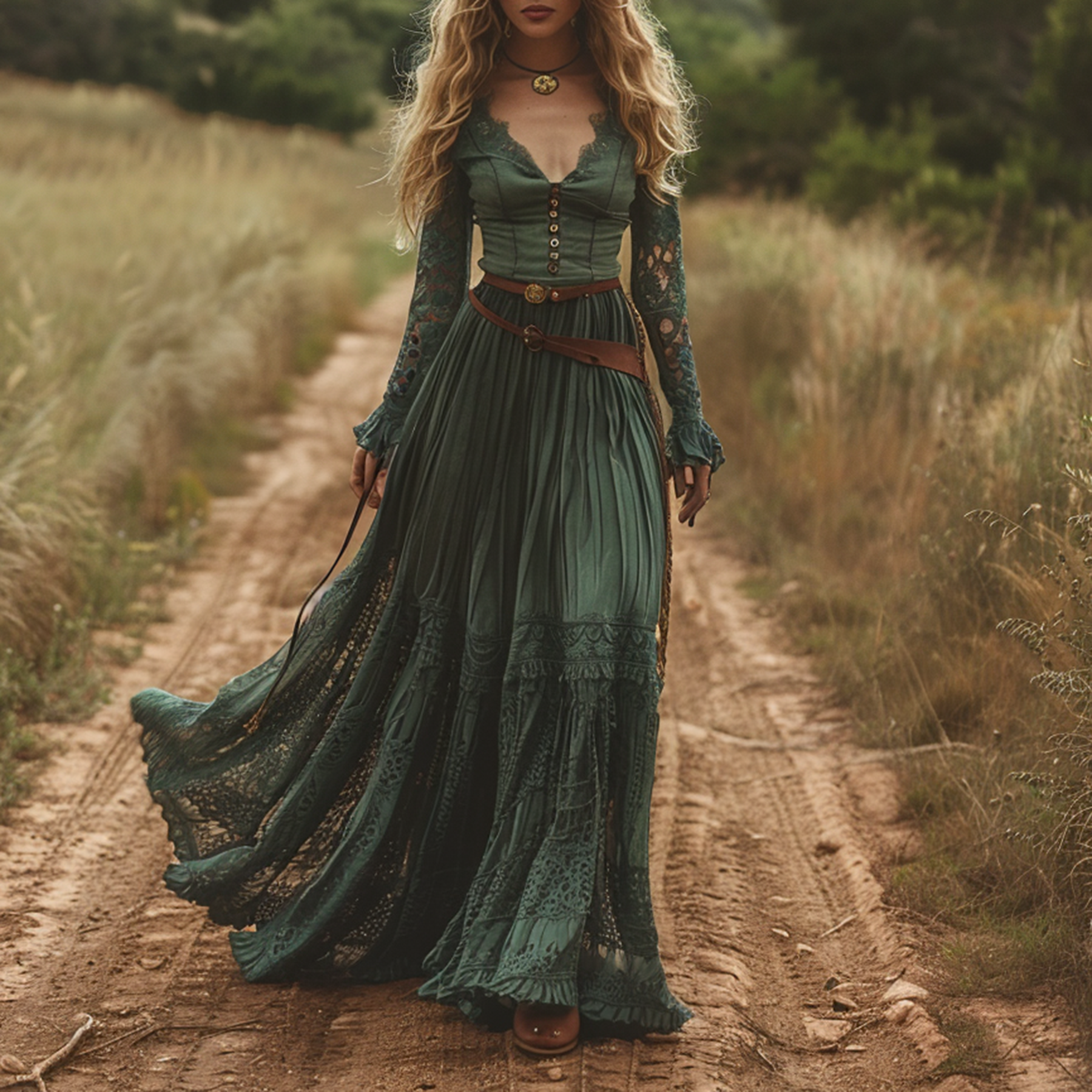 Retro V-neck Lace Linen Long Skirt Pastoral Style Linen Boho Dress