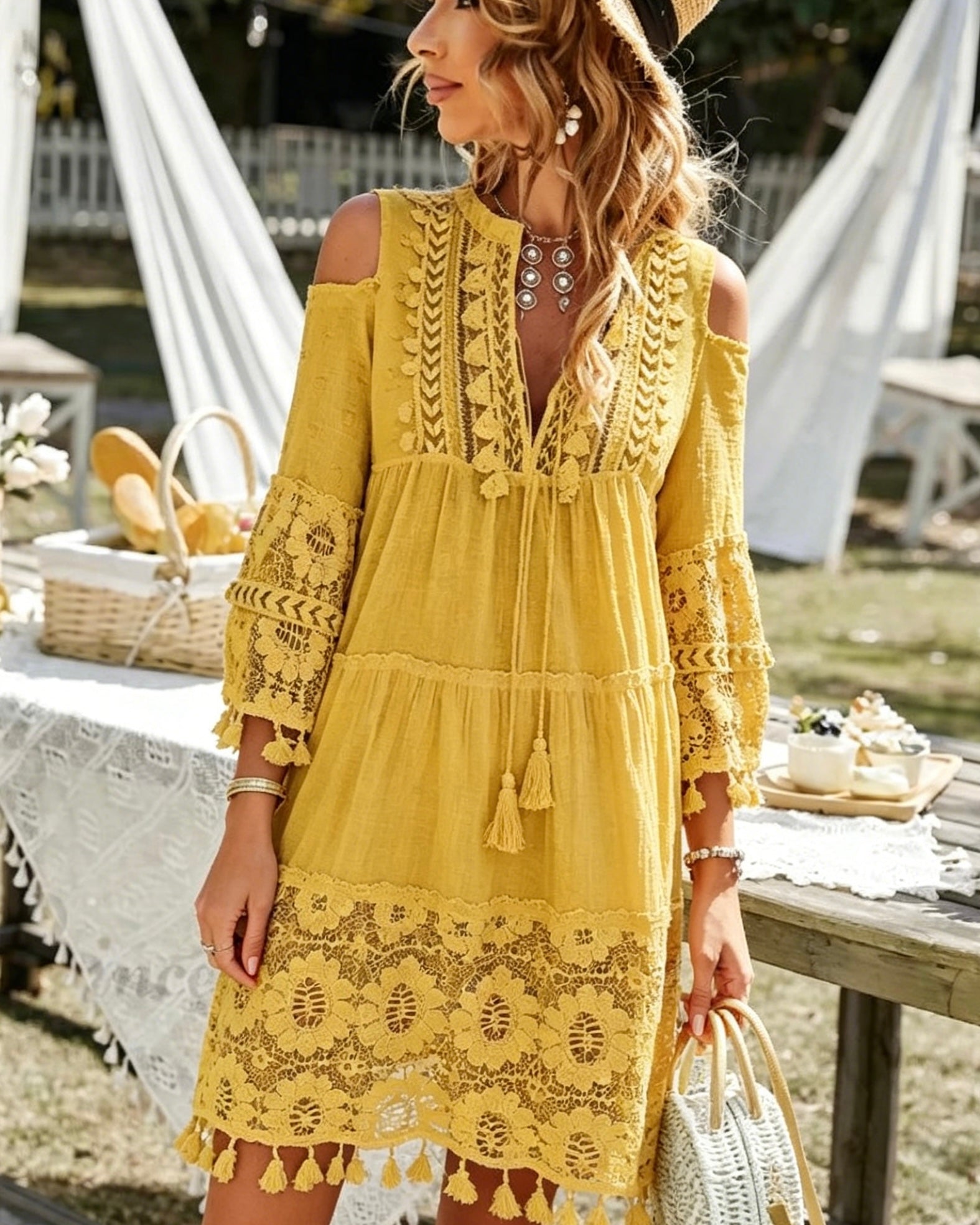 Boho Style Shoulder Tassel Lace  Mini Dress