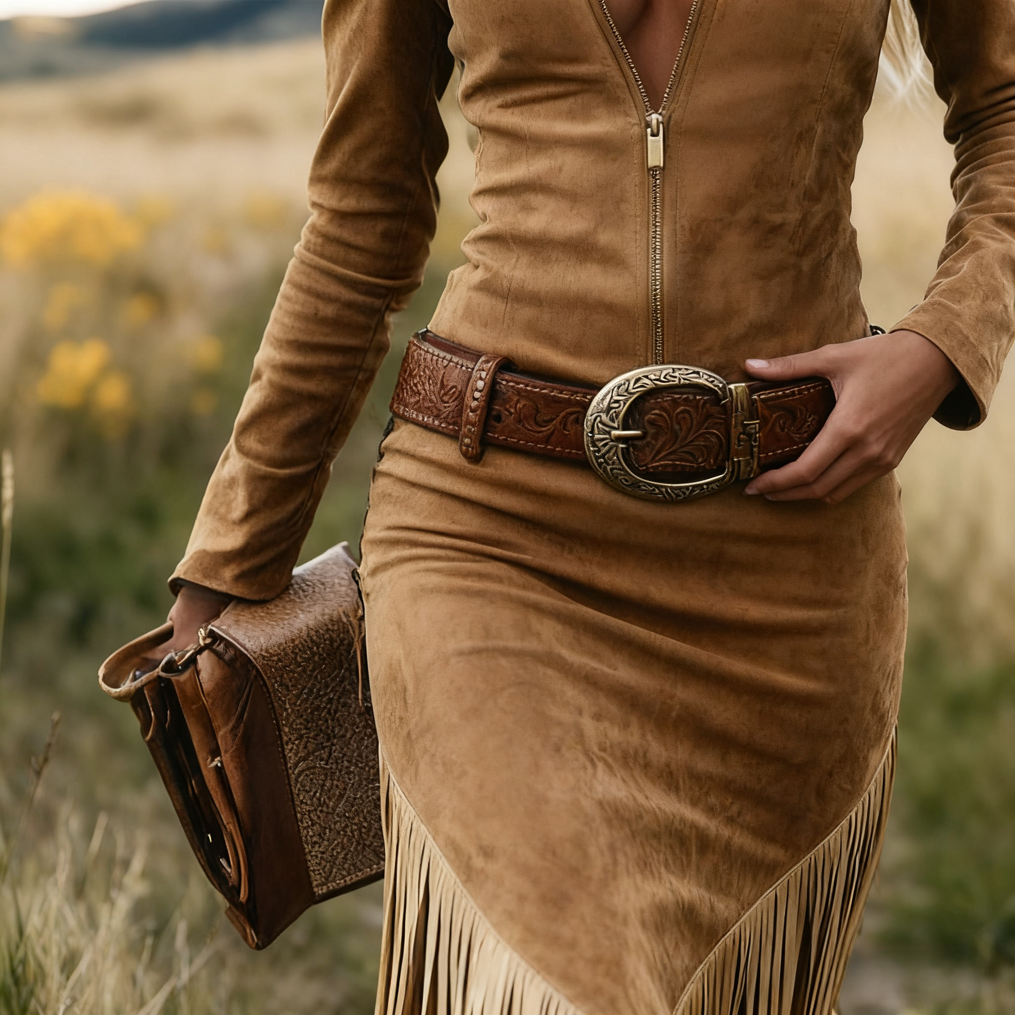 Vintage Western Elegance Brown Fringed Mermaid Boho Dress