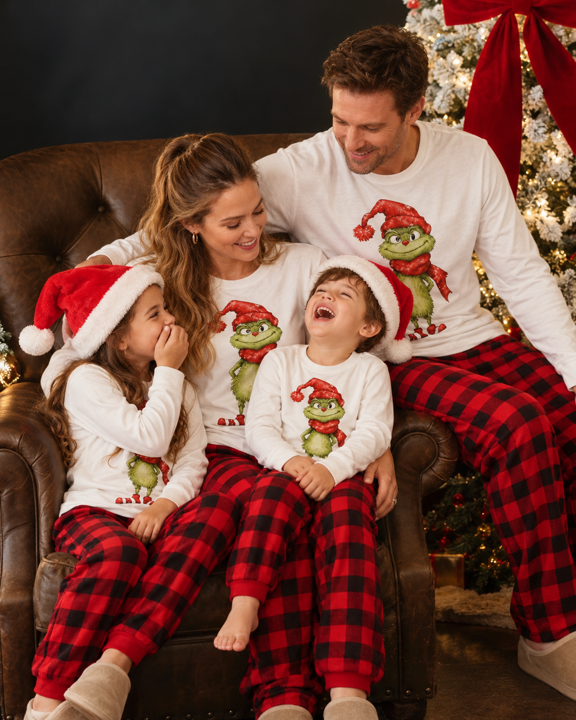 Grinch Joy-White and Red Plaid Family Christmas Pajamas