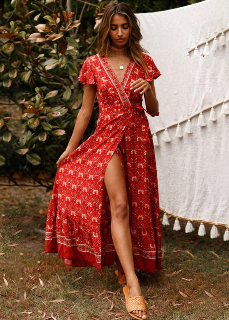 Red Bohemian Split Wrap Heart Boho dress
