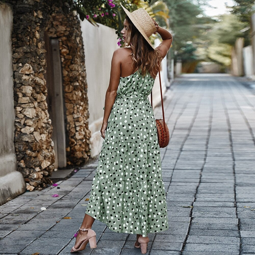 Long Bohemian Beach Green Dots Boho Dress
