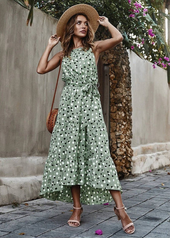Long Bohemian Beach Green Dots Boho Dress