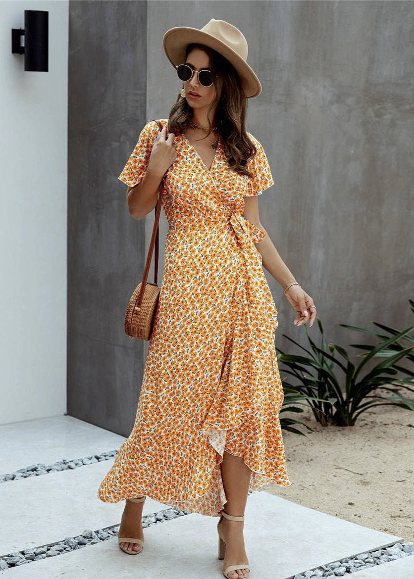 Yellow Long Floral Bohemian Split Boho Dress