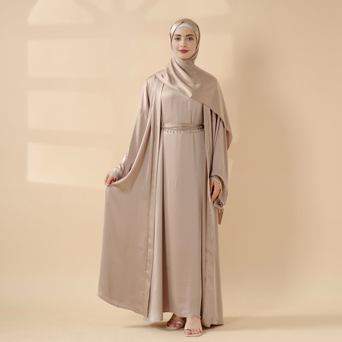 Satin Abaya With Matching Belt Made Of Diamond Tassel kaftan dress