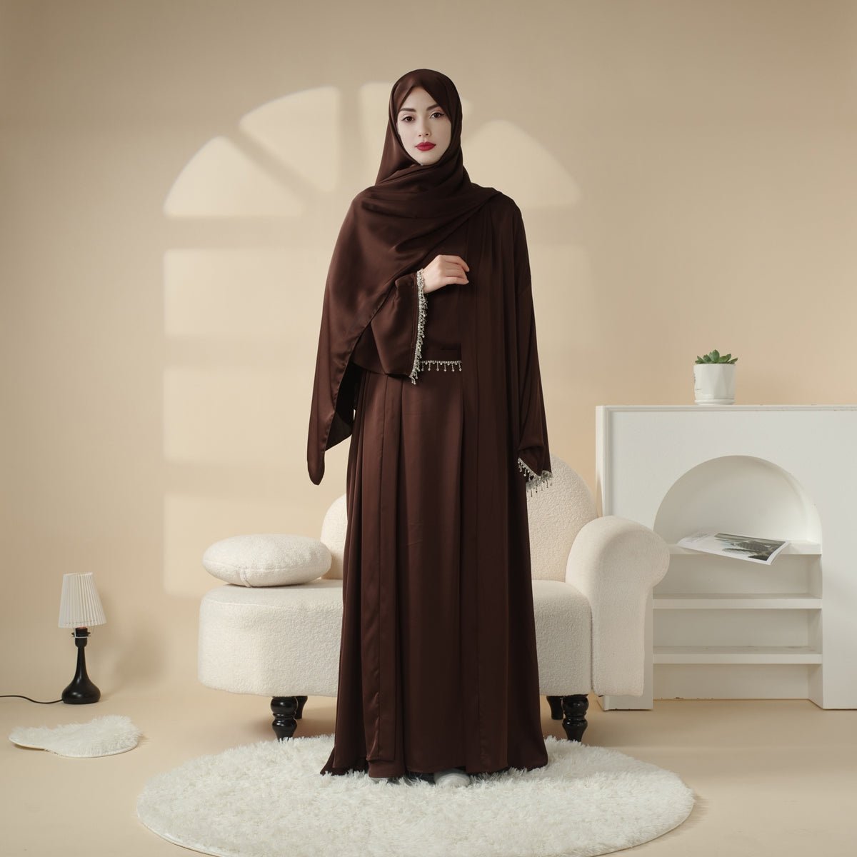 Satin Abaya With Matching Belt Made Of Diamond Tassel kaftan dress