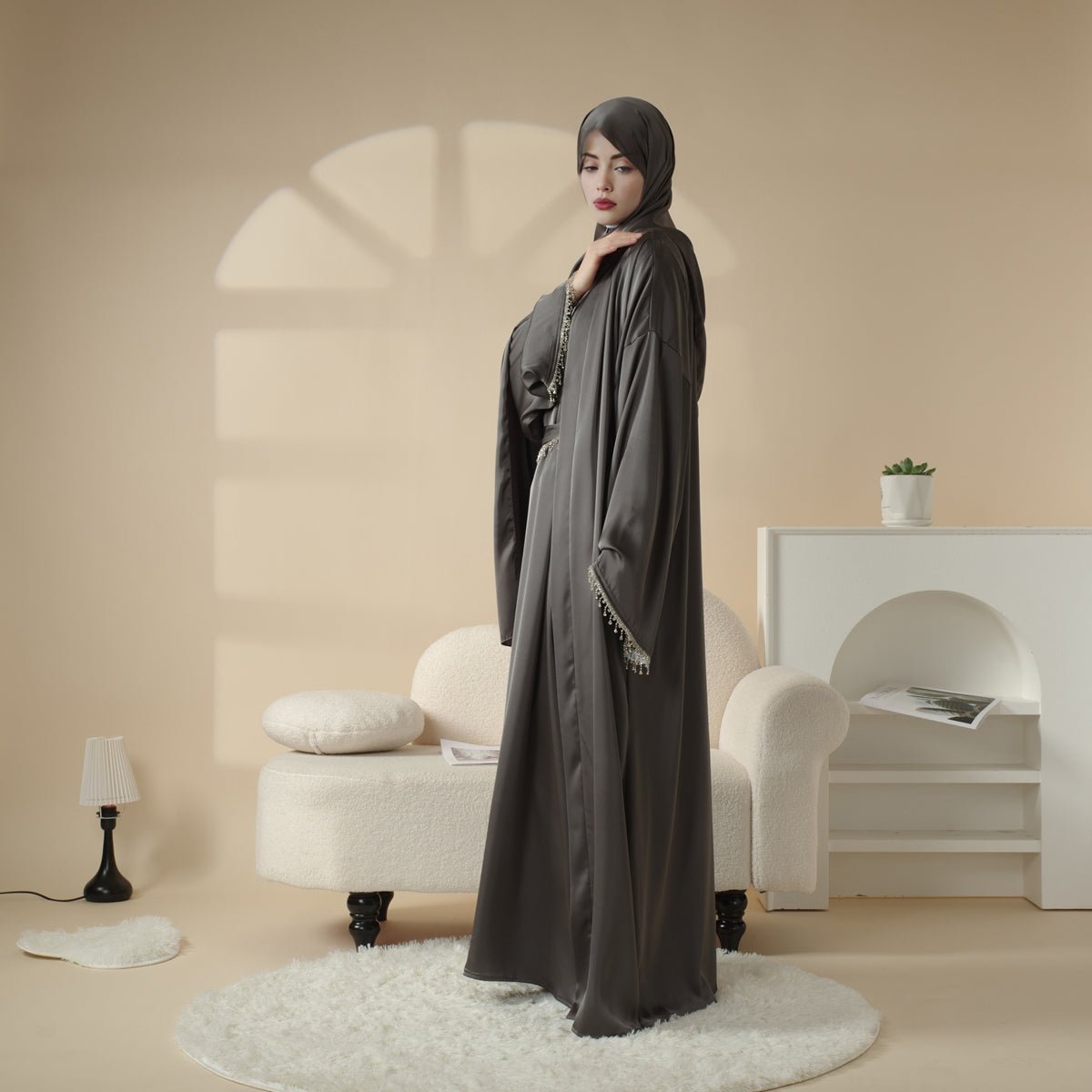 Satin Abaya With Matching Belt Made Of Diamond Tassel kaftan dress