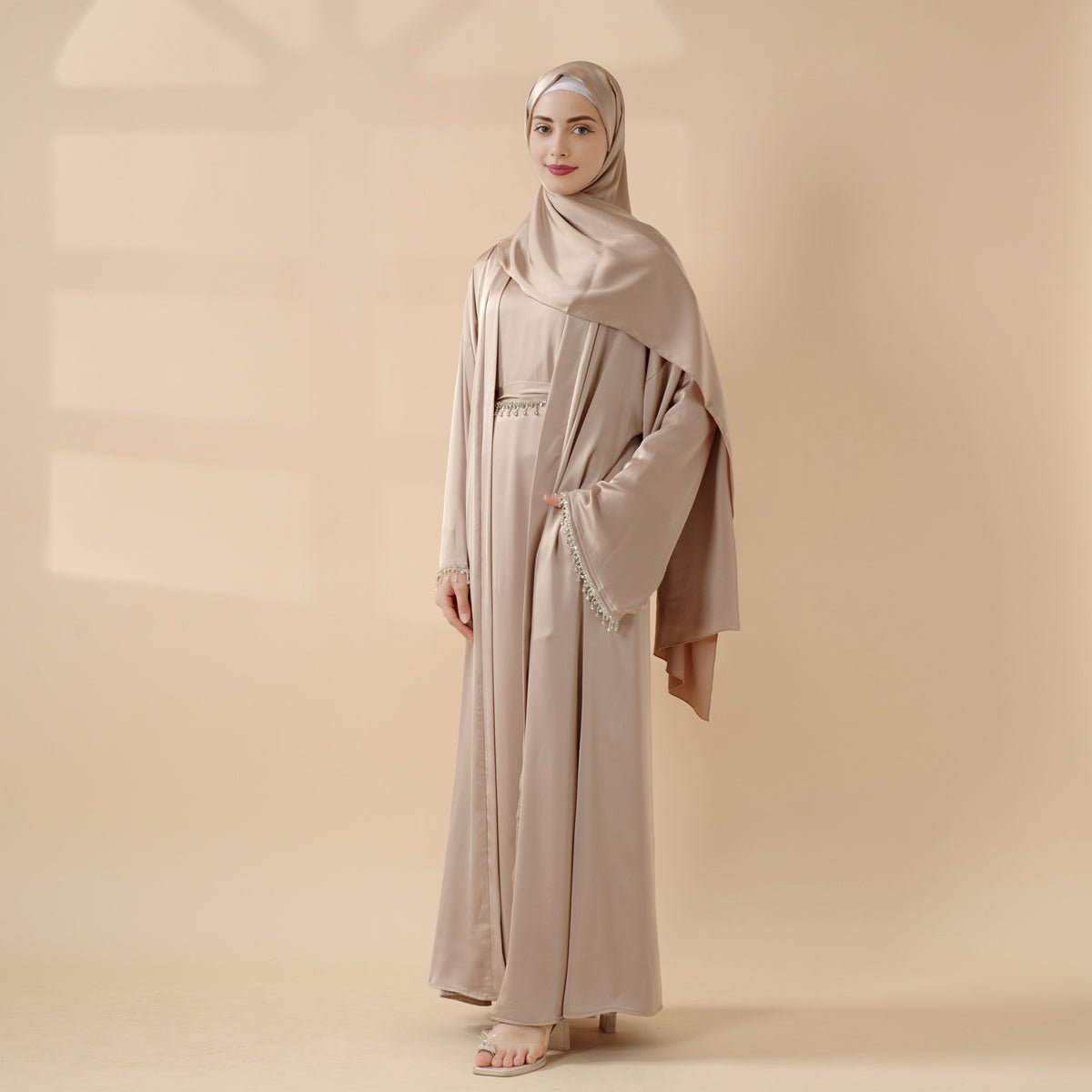 Satin Abaya With Matching Belt Made Of Diamond Tassel kaftan dress