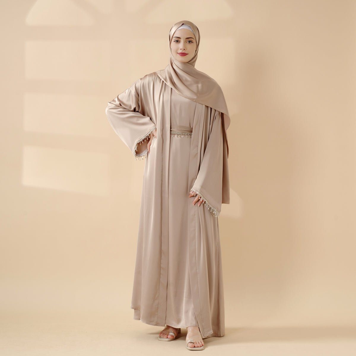 Satin Abaya With Matching Belt Made Of Diamond Tassel kaftan dress
