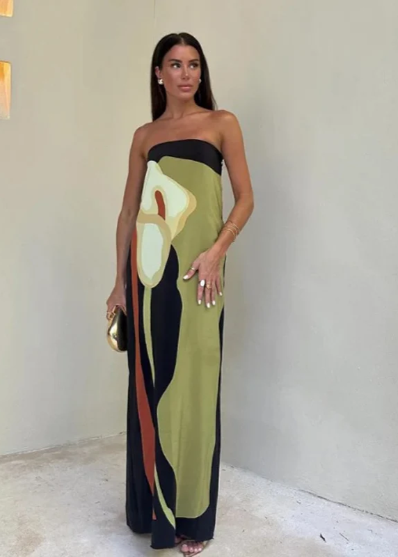 Long green printed strapless Boho dress