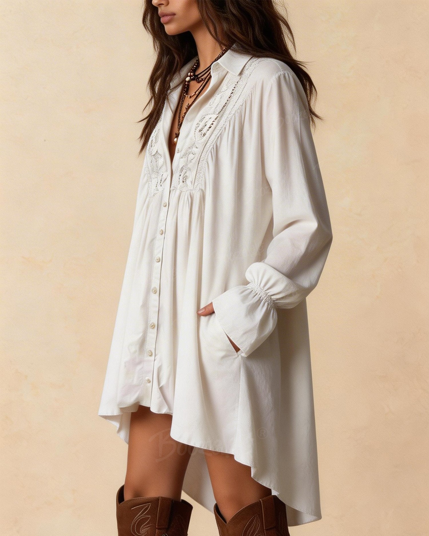 Bohemian Style White Lace Shirt Western Dress