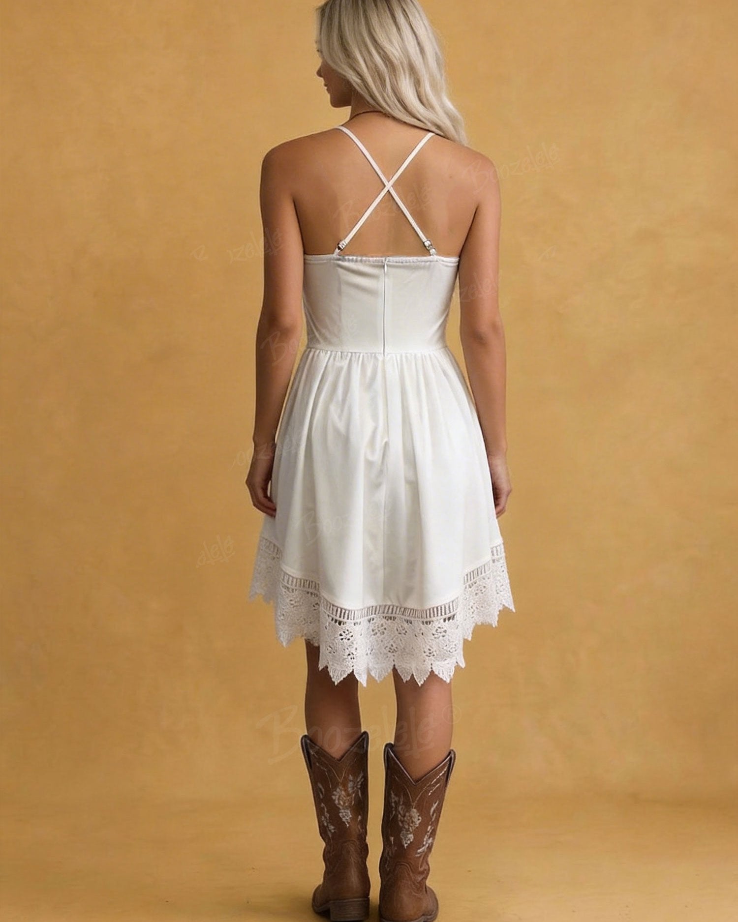 Western White Lace Trim High Low Mini Dress
