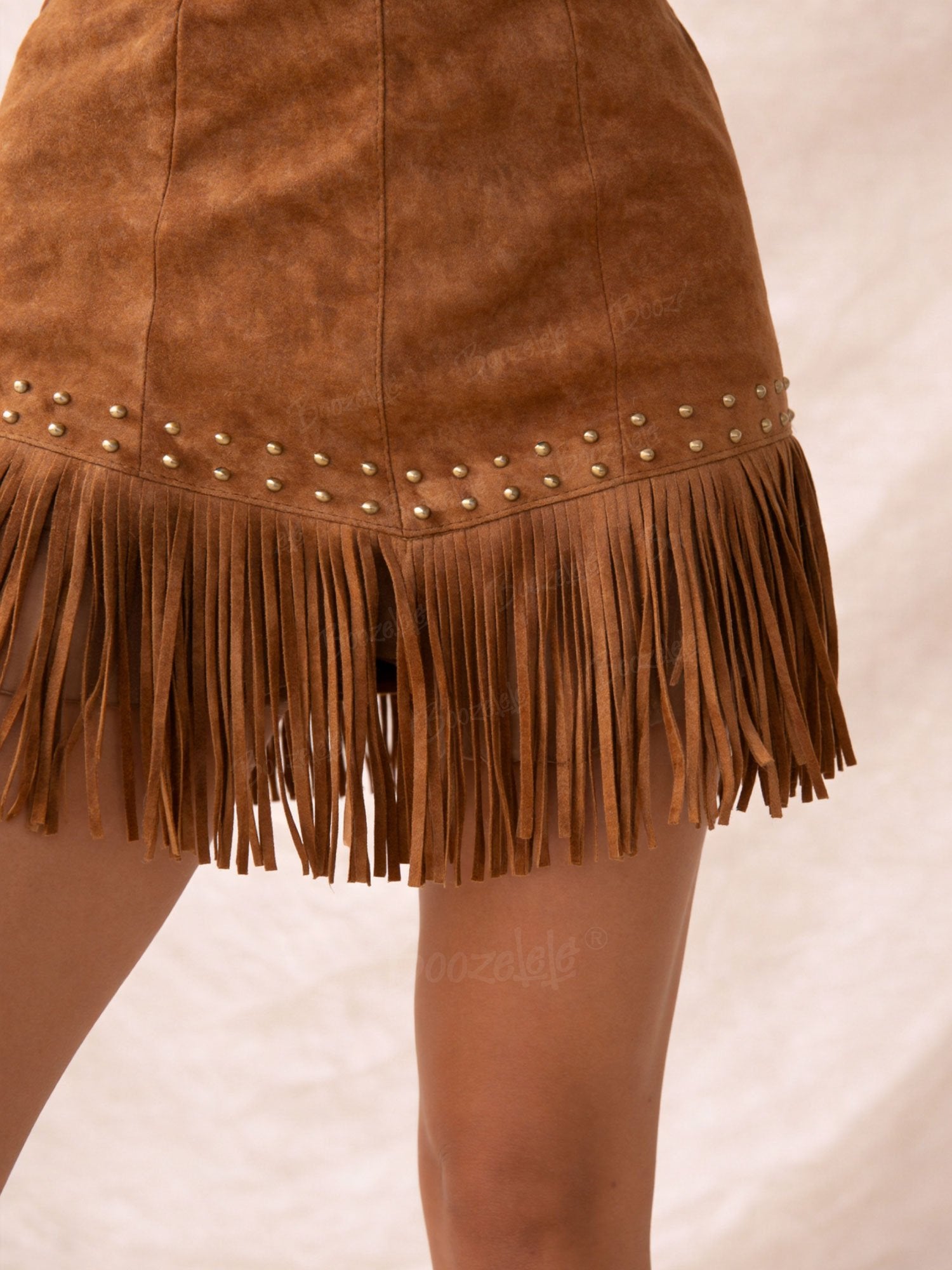 Brown Faux Suede Studded Fringe Mini western Skirt Country Concert Outfit Nashville Outfit