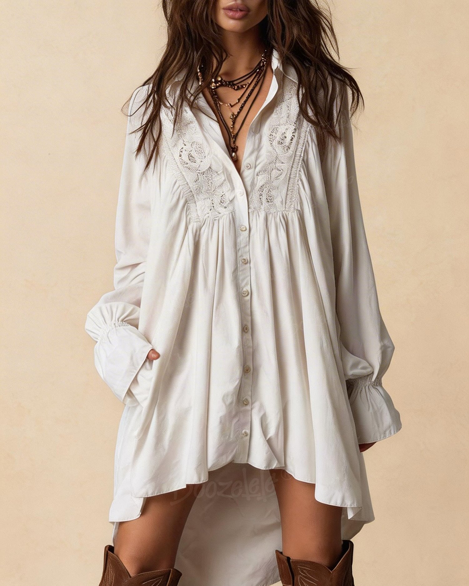 Bohemian Style White Lace Shirt Western Dress